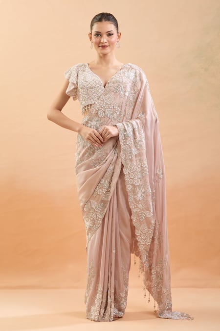 Azeera_Pink Silk Cut Work, Sequins, Tassels, Embroidery Plunge Neck Floral Saree Set _at_Aza_Fashions