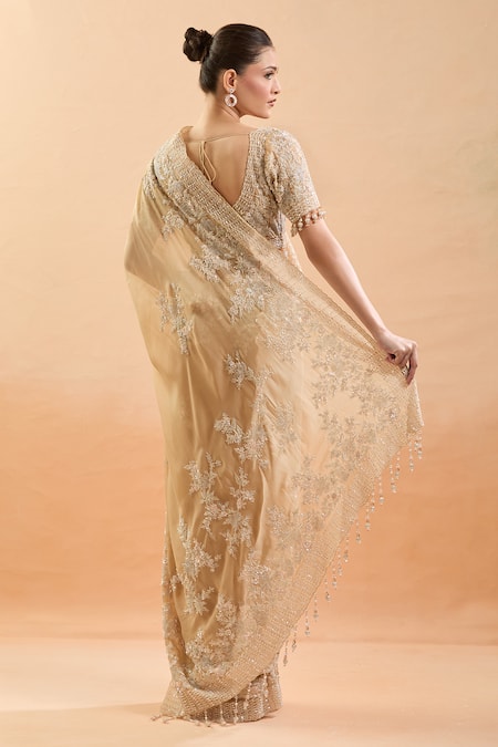 Shop_Azeera_Gold Silk Cut Work, Embroidery, Sequins, Tassels, Pearls Floral Saree Set _at_Aza_Fashions