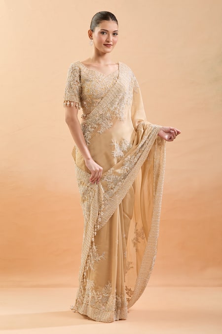 Azeera_Gold Silk Cut Work, Embroidery, Sequins, Tassels, Pearls Floral Saree Set _Online_at_Aza_Fashions