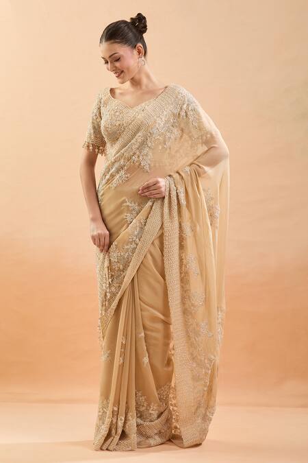 Buy_Azeera_Gold Silk Cut Work, Embroidery, Sequins, Tassels, Pearls Floral Saree Set _Online_at_Aza_Fashions