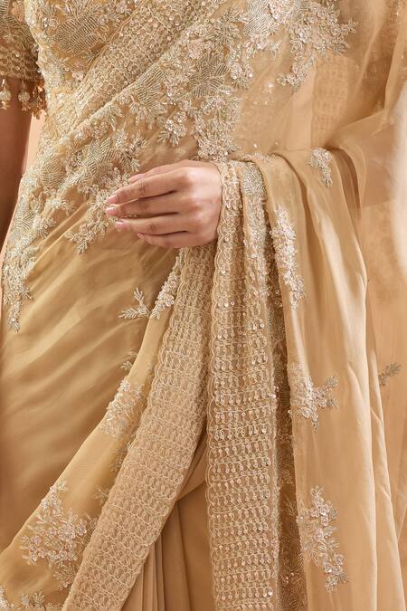 Azeera_Gold Silk Cut Work, Embroidery, Sequins, Tassels, Pearls Floral Saree Set _at_Aza_Fashions