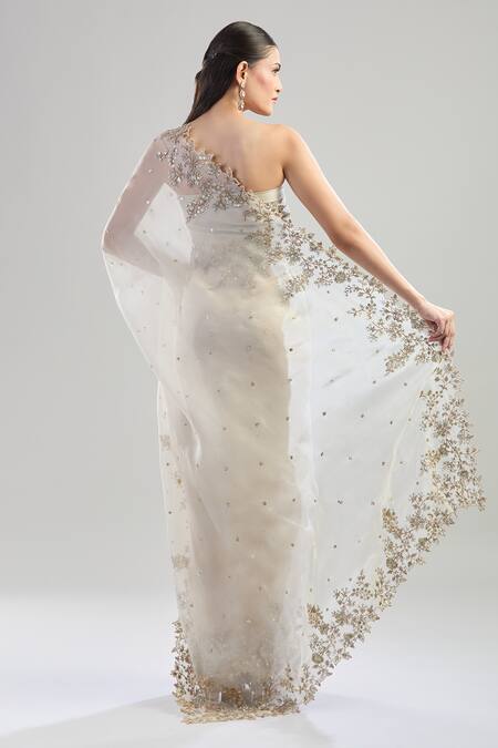 Shop_Anushree Reddy_Ivory Chiffon Embroidery, Sequins Floral Vine Saree_at_Aza_Fashions