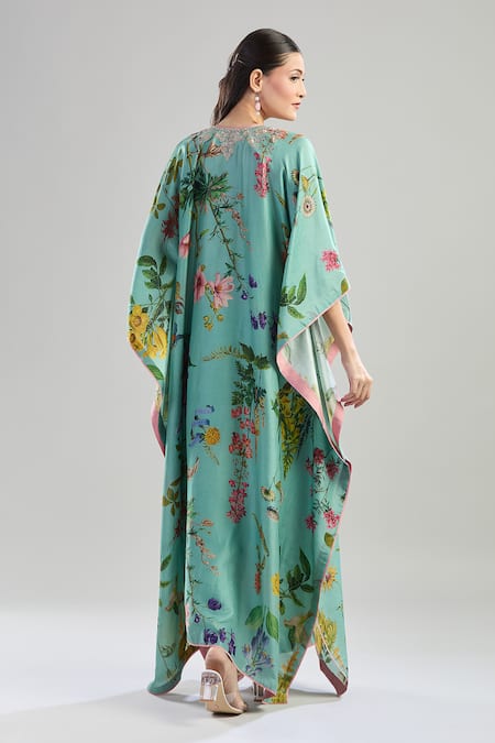 Shop_Anushree Reddy_Green Cotton Embroidery Split V-neck Botanical Print Kaftan Set_at_Aza_Fashions
