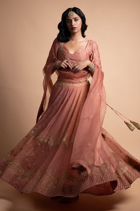 Rhua_Peach Chanderi Silk Embroidery Lehenga Set _Online_at_Aza_Fashions