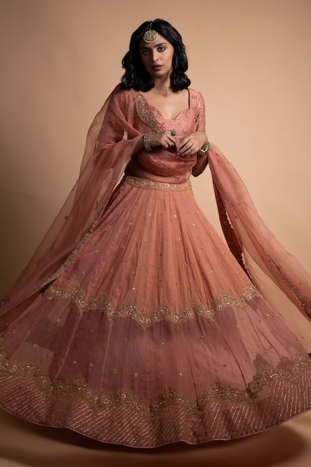 Buy_Rhua_Peach Chanderi Silk Embroidery Lehenga Set _Online_at_Aza_Fashions