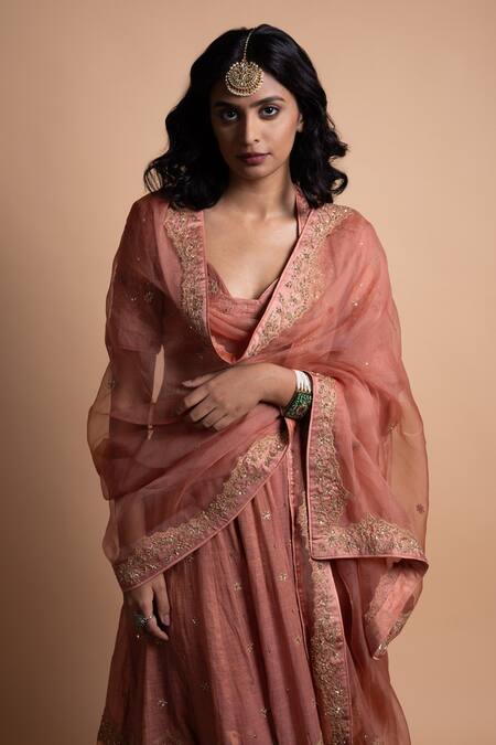 Shop_Rhua_Peach Chanderi Silk Embroidery Lehenga Set _Online_at_Aza_Fashions