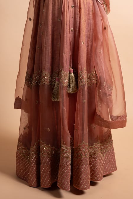 Rhua_Peach Chanderi Silk Embroidery Lehenga Set _at_Aza_Fashions