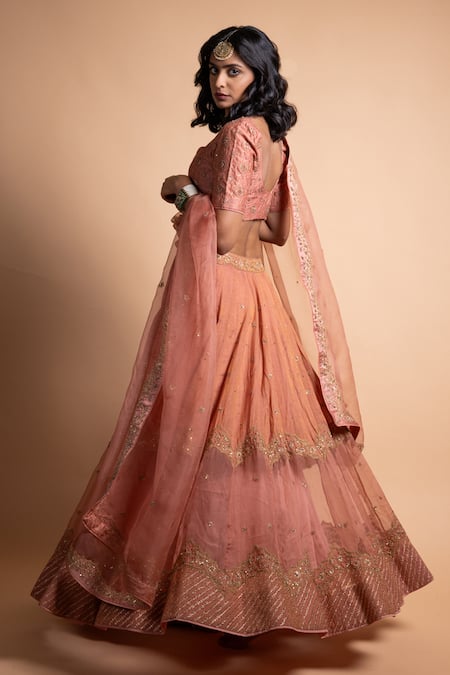 Shop_Rhua_Peach Chanderi Silk Embroidery Lehenga Set _at_Aza_Fashions