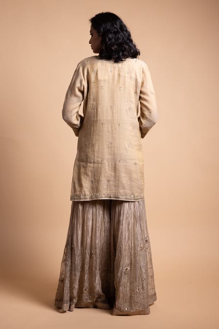 Buy_Rhua_Gold Chanderi, Chiffon Sequins, Embroidery Round Neck Tissue Kurta Set _Online_at_Aza_Fashions