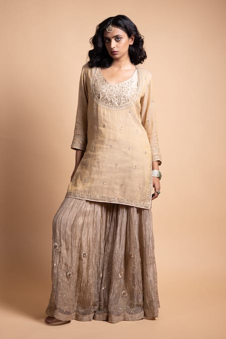 Shop_Rhua_Gold Chanderi, Chiffon Sequins, Embroidery Round Neck Tissue Kurta Set _Online_at_Aza_Fashions