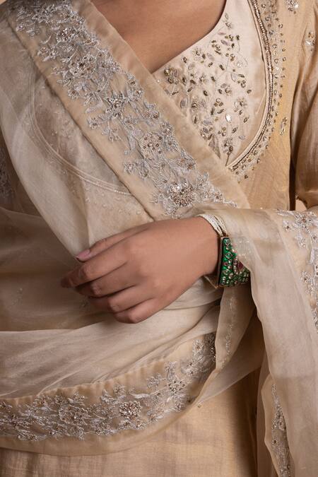 Rhua_Gold Chanderi, Chiffon Sequins, Embroidery Round Neck Tissue Kurta Set _at_Aza_Fashions