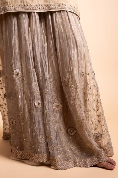 Buy_Rhua_Gold Chanderi, Chiffon Sequins, Embroidery Round Neck Tissue Kurta Set 