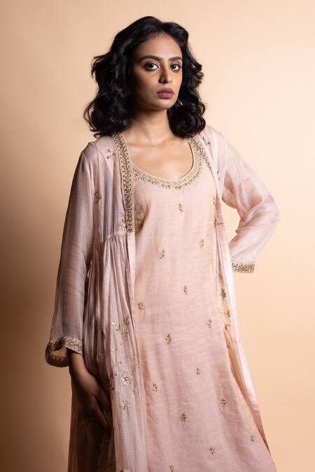 Buy Rhua Pink Silk Embroidery Round Neck Designer Soft Kurta Set Online at Aza Fashions Buy_Rhua_Pink Silk Embroidery Round Neck Designer Soft Kurta Set _Online_at_Aza_Fashions