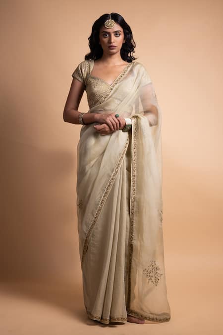 Rhua_Green Organza, Chanderi, Shantoon Embroidery, Zari, Ahana Saree With Blouse _Online_at_Aza_Fashions