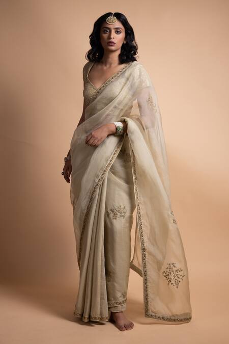 Buy_Rhua_Green Organza, Chanderi, Shantoon Embroidery, Zari, Ahana Saree With Blouse _Online_at_Aza_Fashions