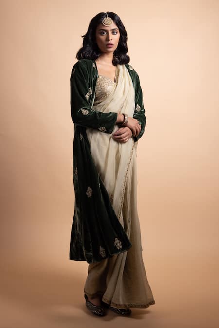 Shop_Rhua_Green Organza, Chanderi, Shantoon Embroidery, Zari, Ahana Saree With Blouse _Online_at_Aza_Fashions