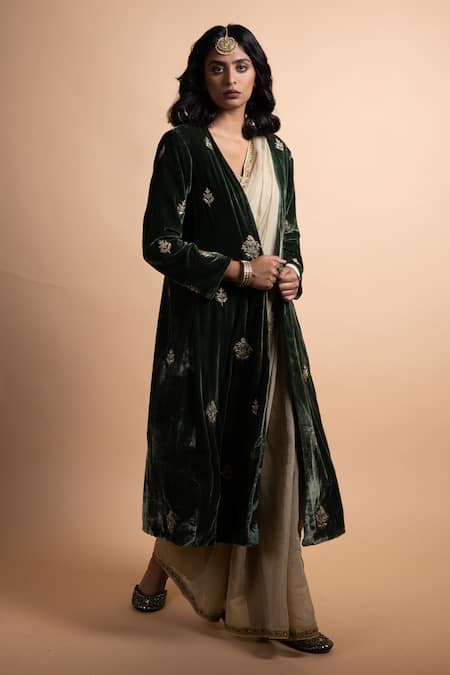 Rhua_Green Organza, Chanderi, Shantoon Embroidery, Zari, Ahana Saree With Blouse _at_Aza_Fashions