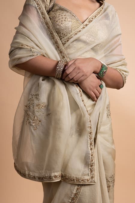 Buy_Rhua_Green Organza, Chanderi, Shantoon Embroidery, Zari, Ahana Saree With Blouse 