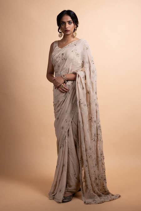 Rhua Beige Chiffon, Satin Embroidery Round Neck Saree With Blouse Online at Aza Fashions Rhua_Beige Chiffon, Satin Embroidery Round Neck Saree With Blouse _Online_at_Aza_Fashions