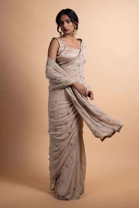 Buy Rhua Beige Chiffon, Satin Embroidery Round Neck Saree With Blouse Online at Aza Fashions Buy_Rhua_Beige Chiffon, Satin Embroidery Round Neck Saree With Blouse _Online_at_Aza_Fashions