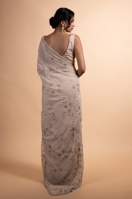 Shop Rhua Beige Chiffon, Satin Embroidery Round Neck Saree With Blouse at Aza Fashions Shop_Rhua_Beige Chiffon, Satin Embroidery Round Neck Saree With Blouse _at_Aza_Fashions