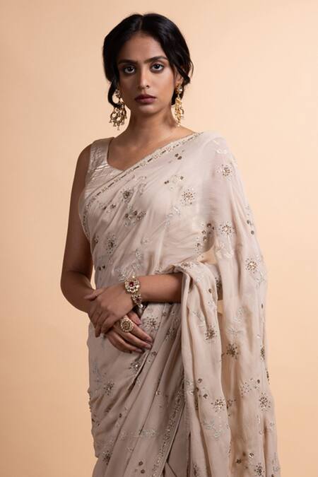 Shop Rhua Beige Chiffon, Satin Embroidery Round Neck Saree With Blouse Online at Aza Fashions Shop_Rhua_Beige Chiffon, Satin Embroidery Round Neck Saree With Blouse _Online_at_Aza_Fashions