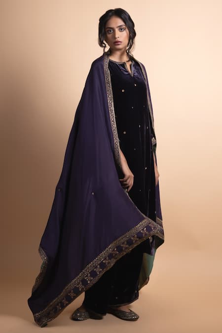 Shop Rhua Purple Velvet Sequins, Embroidery Round Neck Kurta Set at Aza Fashions Shop_Rhua_Purple Velvet Sequins, Embroidery Round Neck Kurta Set _at_Aza_Fashions