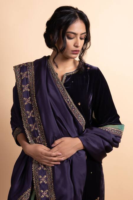 Rhua Purple Velvet Sequins, Embroidery Round Neck Kurta Set Online at Aza Fashions Rhua_Purple Velvet Sequins, Embroidery Round Neck Kurta Set _Online_at_Aza_Fashions