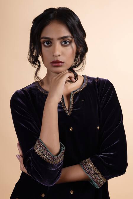 Rhua Purple Velvet Sequins, Embroidery Round Neck Kurta Set at Aza Fashions Rhua_Purple Velvet Sequins, Embroidery Round Neck Kurta Set _at_Aza_Fashions