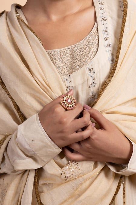 Rhua Beige Chanderi Embroidery Round Neck Anarkali Suit Set Online at Aza Fashions Rhua_Beige Chanderi Embroidery Round Neck Anarkali Suit Set _Online_at_Aza_Fashions