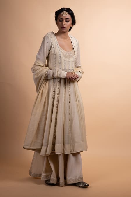 Shop Rhua Beige Chanderi Embroidery Round Neck Anarkali Suit Set Online at Aza Fashions Shop_Rhua_Beige Chanderi Embroidery Round Neck Anarkali Suit Set _Online_at_Aza_Fashions