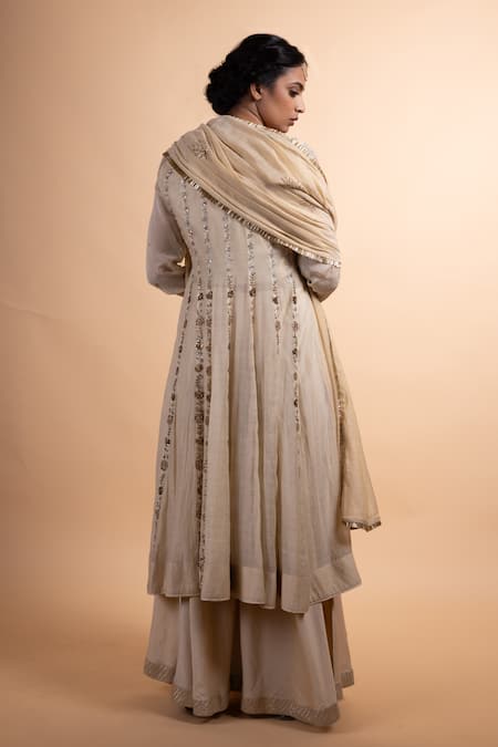 Shop Rhua Beige Chanderi Embroidery Round Neck Anarkali Suit Set at Aza Fashions Shop_Rhua_Beige Chanderi Embroidery Round Neck Anarkali Suit Set _at_Aza_Fashions