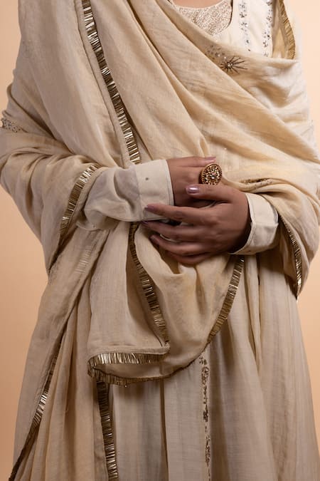 Rhua Beige Chanderi Embroidery Round Neck Anarkali Suit Set at Aza Fashions Rhua_Beige Chanderi Embroidery Round Neck Anarkali Suit Set _at_Aza_Fashions