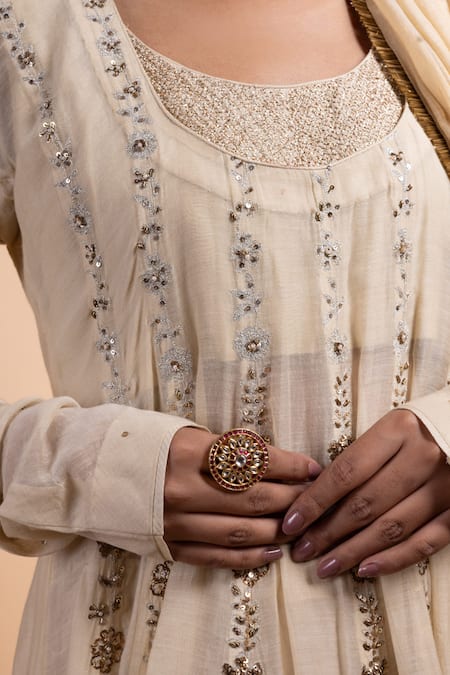 Buy Rhua Beige Chanderi Embroidery Round Neck Anarkali Suit Set Buy_Rhua_Beige Chanderi Embroidery Round Neck Anarkali Suit Set
