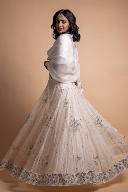 Shop_Rhua_White Organza, Chanderi Mirrors, Embroidery Round Neck Mukaish Lehenga Set _at_Aza_Fashions