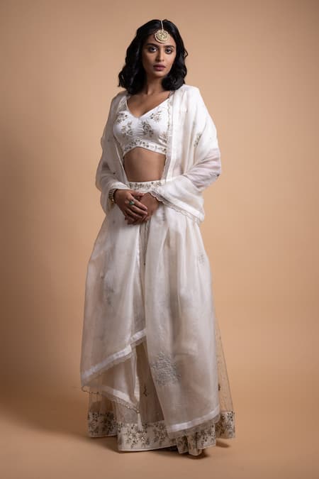 Rhua_White Organza, Chanderi Mirrors, Embroidery Round Neck Mukaish Lehenga Set _Online_at_Aza_Fashions