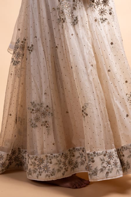 Rhua_White Organza, Chanderi Mirrors, Embroidery Round Neck Mukaish Lehenga Set _at_Aza_Fashions