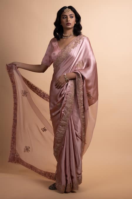 Shop Rhua Pink Satin, Organza Embroidery, Sequins V-neck Saree With Detailing at Aza Fashions Shop_Rhua_Pink Satin, Organza Embroidery, Sequins V-neck Saree With Detailing _at_Aza_Fashions