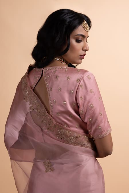 Rhua Pink Satin, Organza Embroidery, Sequins V-neck Saree With Detailing Online at Aza Fashions Rhua_Pink Satin, Organza Embroidery, Sequins V-neck Saree With Detailing _Online_at_Aza_Fashions