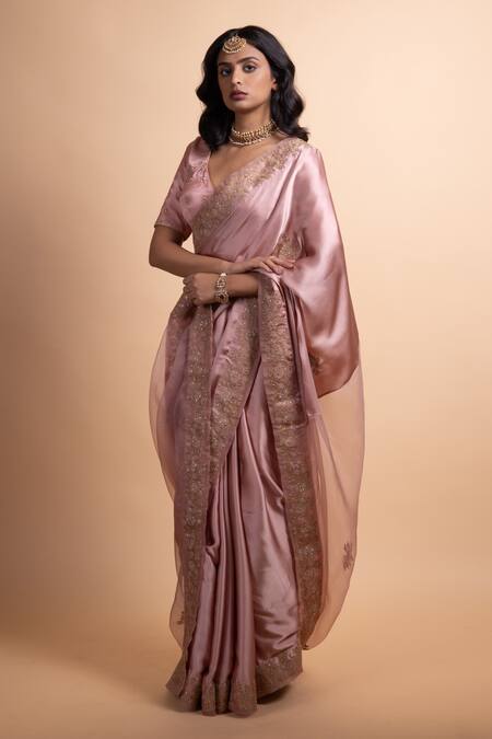 Buy Rhua Pink Satin, Organza Embroidery, Sequins V-neck Saree With Detailing Online at Aza Fashions Buy_Rhua_Pink Satin, Organza Embroidery, Sequins V-neck Saree With Detailing _Online_at_Aza_Fashions