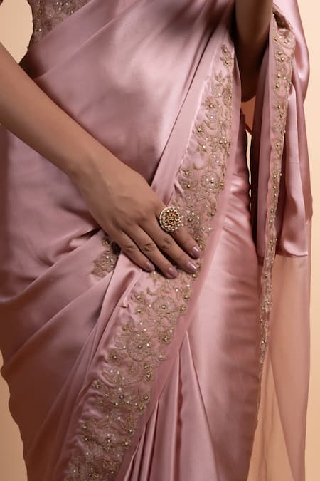 Shop Rhua Pink Satin, Organza Embroidery, Sequins V-neck Saree With Detailing Online at Aza Fashions Shop_Rhua_Pink Satin, Organza Embroidery, Sequins V-neck Saree With Detailing _Online_at_Aza_Fashions