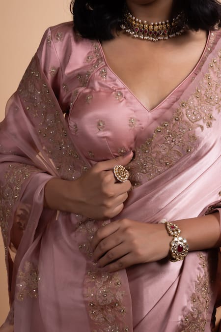 Rhua Pink Satin, Organza Embroidery, Sequins V-neck Saree With Detailing at Aza Fashions Rhua_Pink Satin, Organza Embroidery, Sequins V-neck Saree With Detailing _at_Aza_Fashions