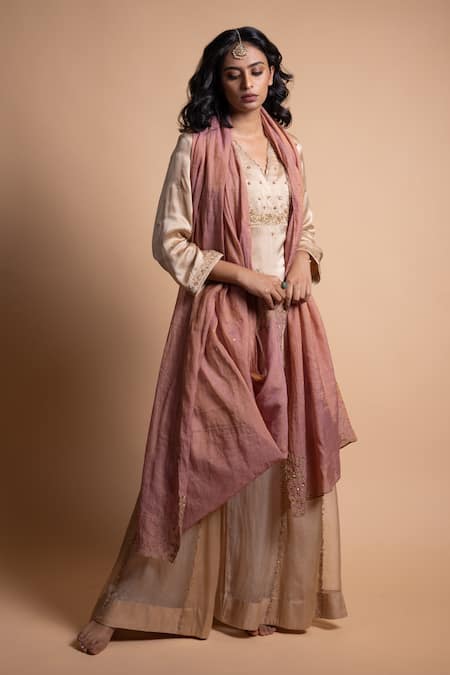 Buy_Rhua_Beige Silk, Cotton Beads, Embroidery V-neck Gold Handcrafted Sharara Suit Set _Online_at_Aza_Fashions