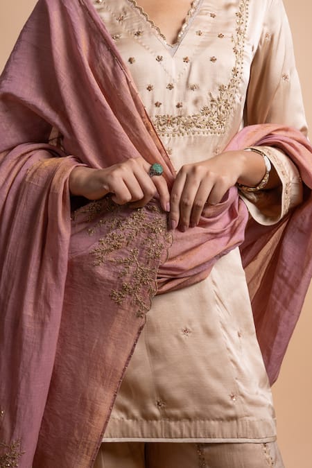 Shop_Rhua_Beige Silk, Cotton Beads, Embroidery V-neck Gold Handcrafted Sharara Suit Set _Online_at_Aza_Fashions