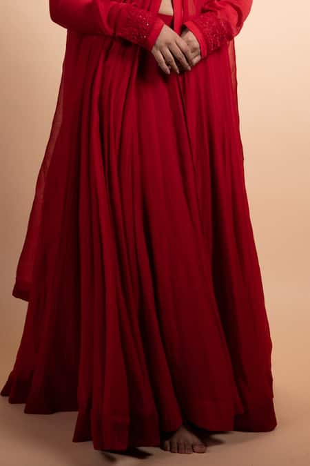 Rhua_Red Chanderi Embroidery Round , Keyhole Anarkali Suit Set _Online_at_Aza_Fashions