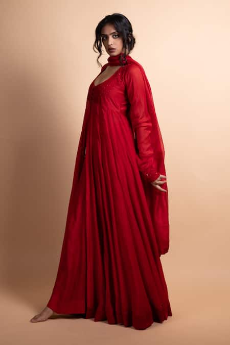Buy_Rhua_Red Chanderi Embroidery Round , Keyhole Anarkali Suit Set _Online_at_Aza_Fashions