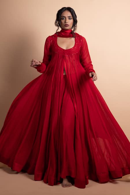 Shop_Rhua_Red Chanderi Embroidery Round , Keyhole Anarkali Suit Set _Online_at_Aza_Fashions