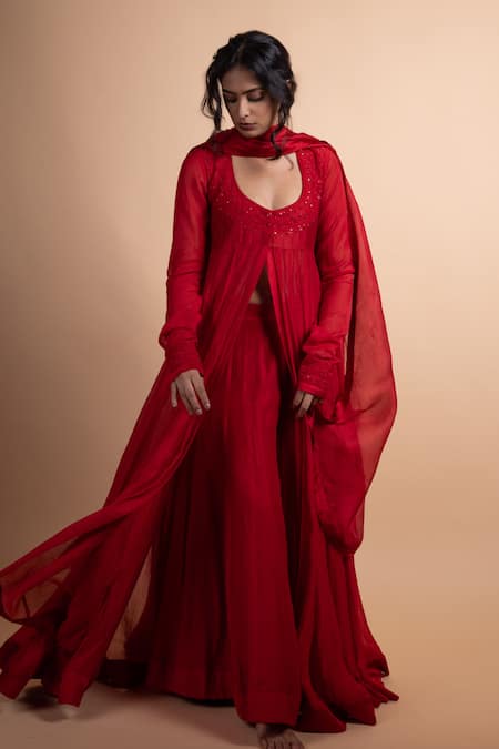 Rhua_Red Chanderi Embroidery Round , Keyhole Anarkali Suit Set _at_Aza_Fashions