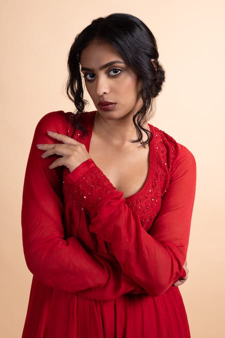 Buy_Rhua_Red Chanderi Embroidery Round , Keyhole Anarkali Suit Set 