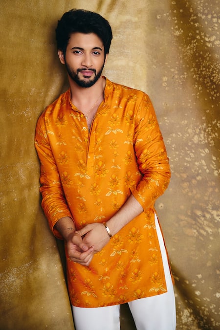 Masaba_Orange Silk Embroidery Floral Blossom Print Kurta_at_Aza_Fashions